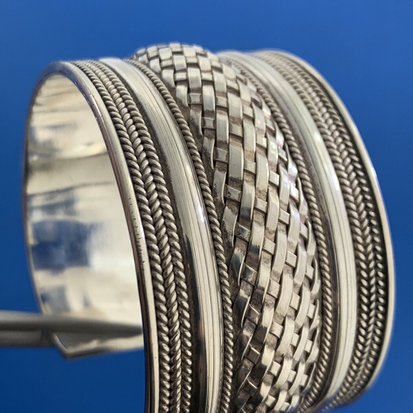 Sterling Silver 925 Basket Weave Ribbed Polished Wide Statement Cuff Bracelet