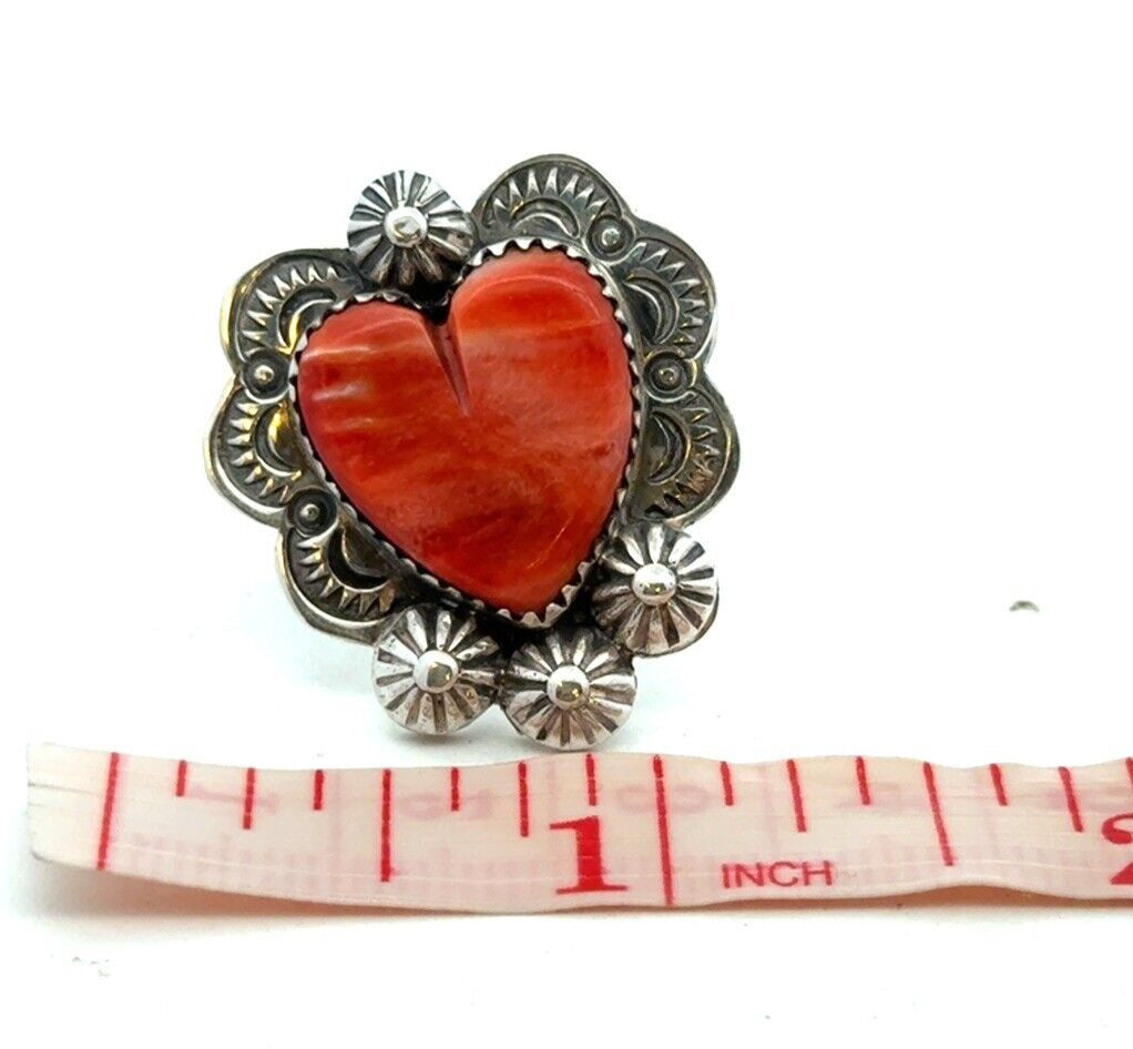 Native American Sterling Silver Spiny Oyster Turquoise Concho Carved Heart Ring