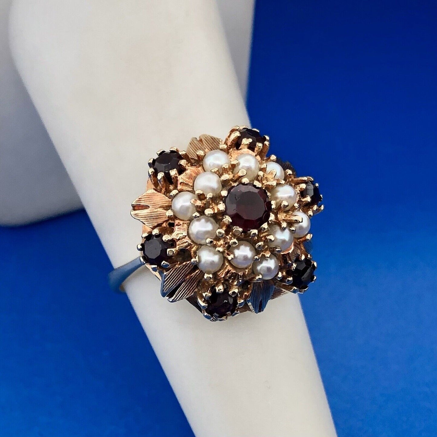 Designer 14k Yellow Gold Round Garnet Pearl Hexagon Cluster Dome Size 6.5 Ring
