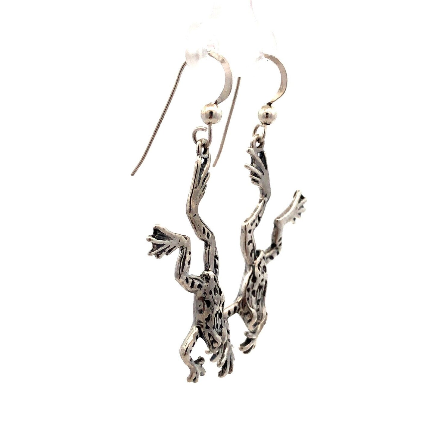 Vintage Designer Sterling Silver Frog Toad Textured Drop Dangle Hook Earrings