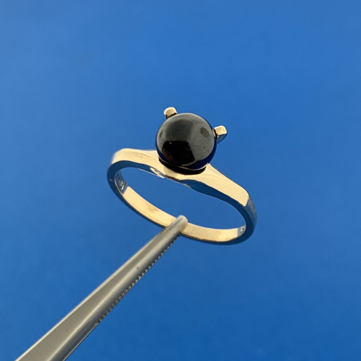 Designer Spring 10k Yellow Gold Cabochon Black Onyx Sphere Ring Size 6.25