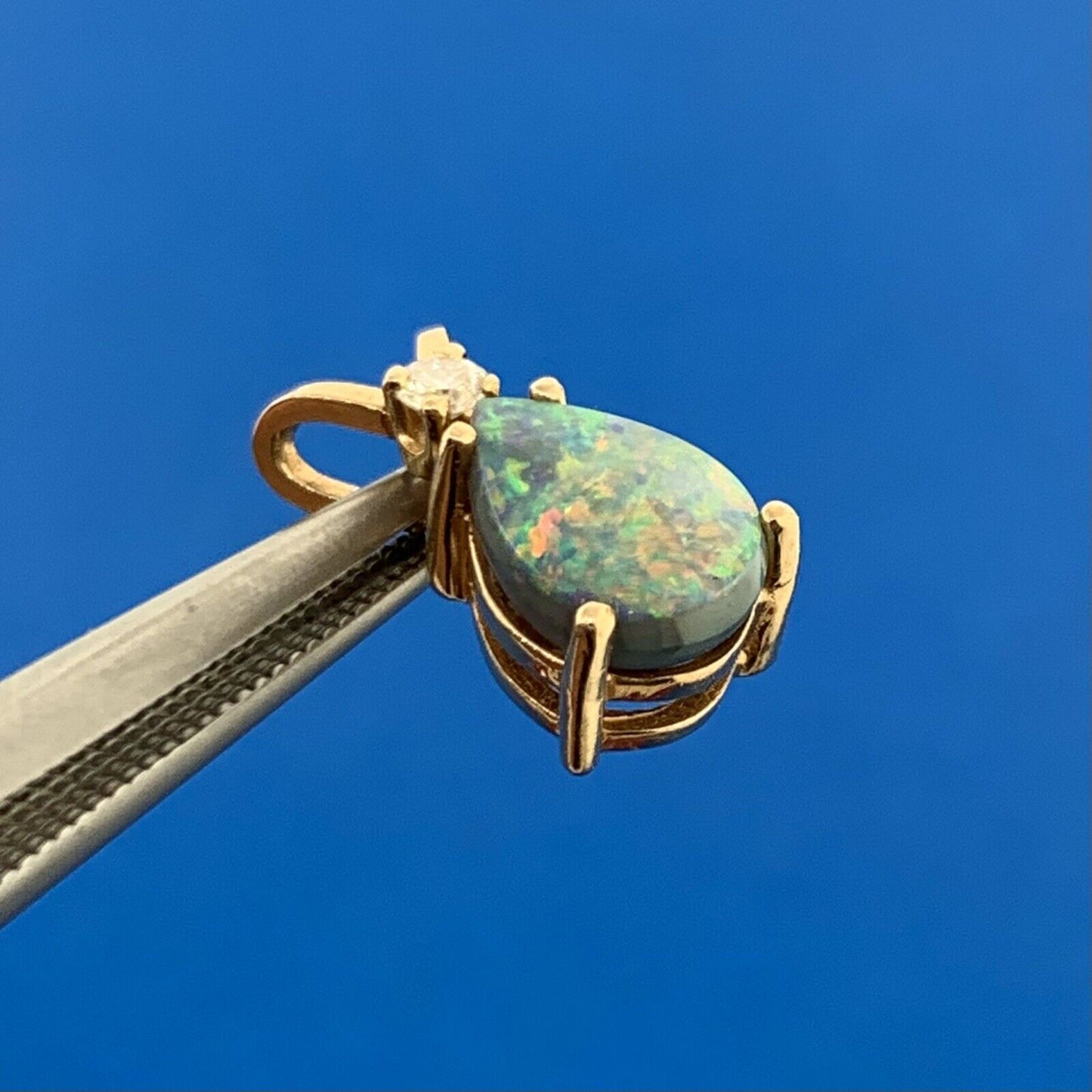 14K Yellow Gold Pear Opal Diamond Accented Drop Pendant