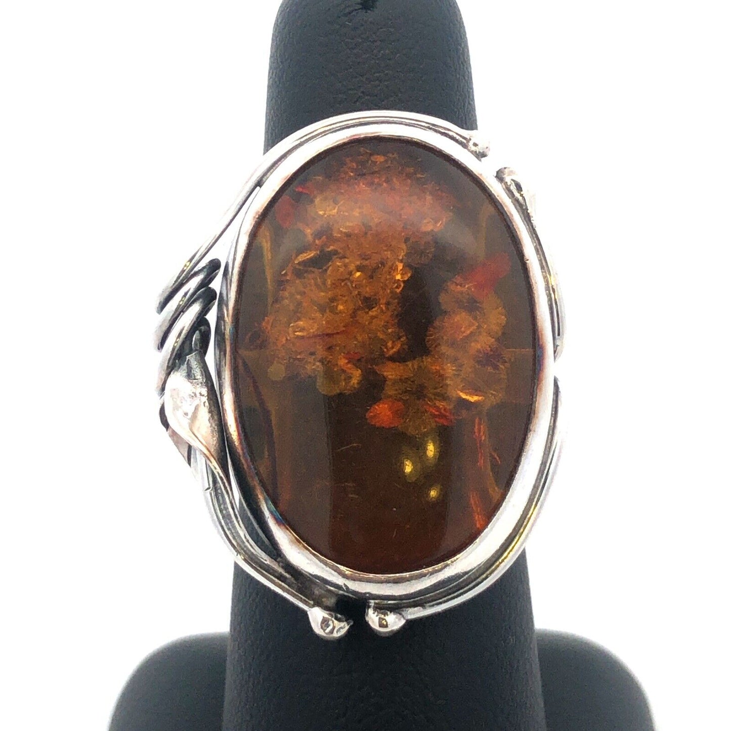 Vintage 925 Sterling Silver Oval Amber Vine Detail Statement Ring