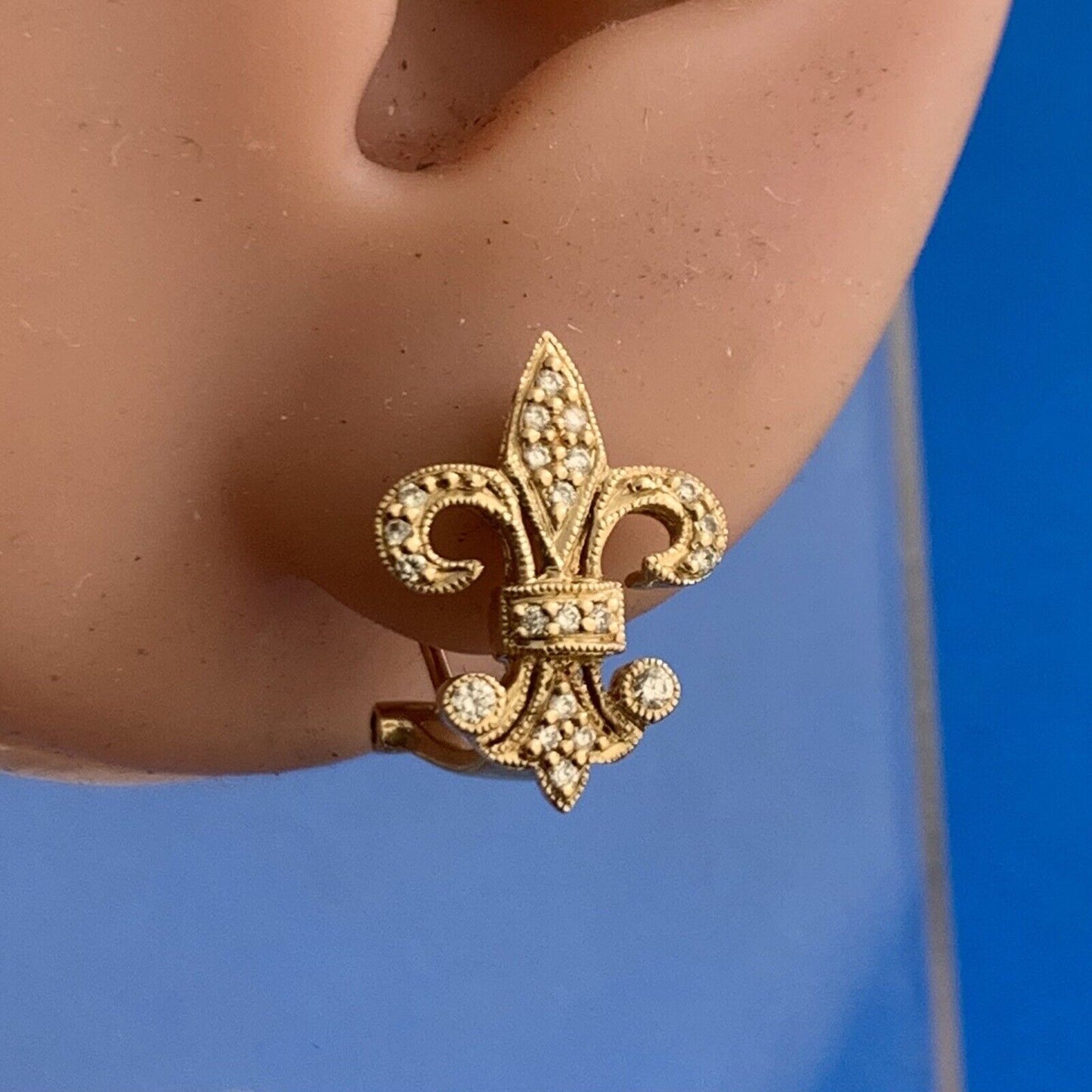 Designer 14K Yellow Gold Diamond Fleur De Lis Omega Back Stud Earrings