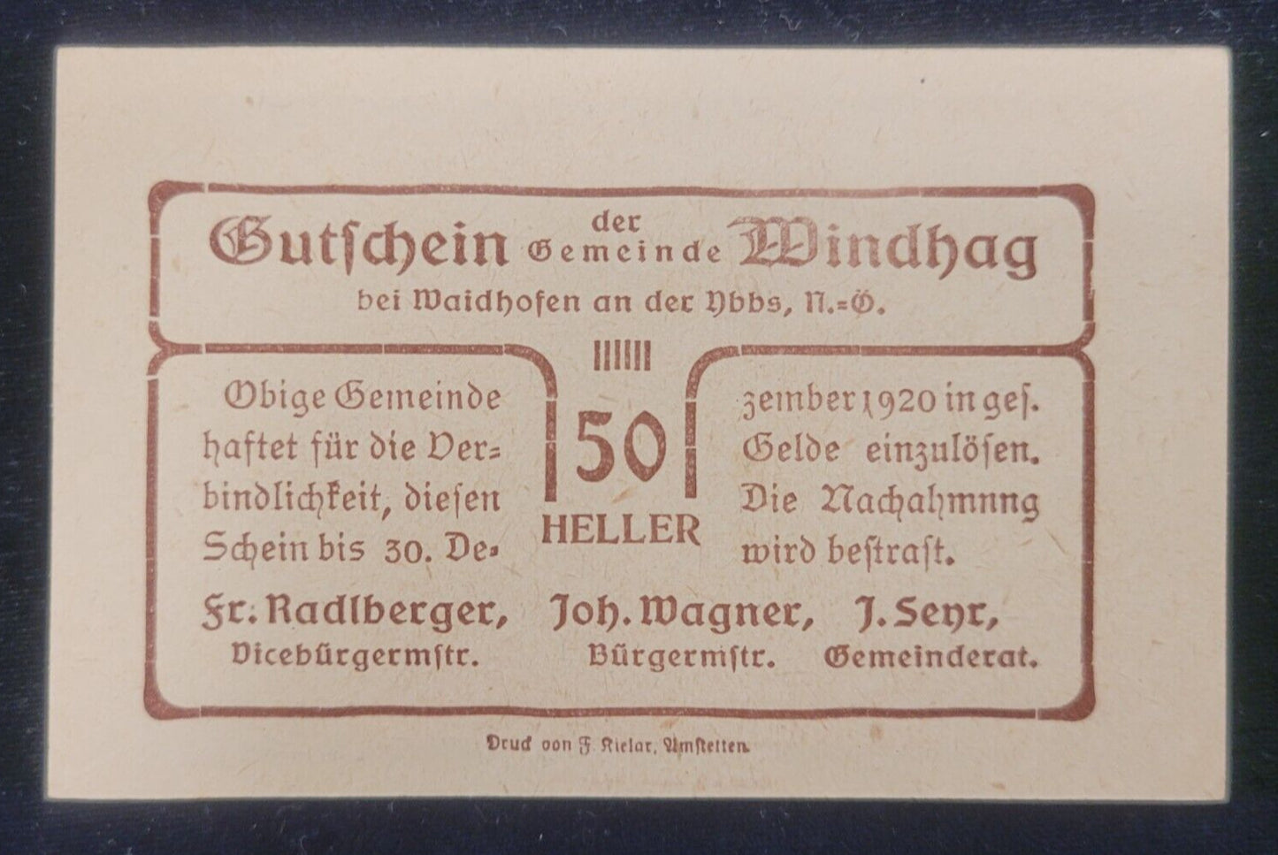 1920 10, 20 & 50 Heller, Windhag Municipality, Austria Obsolete Bank Note Set
