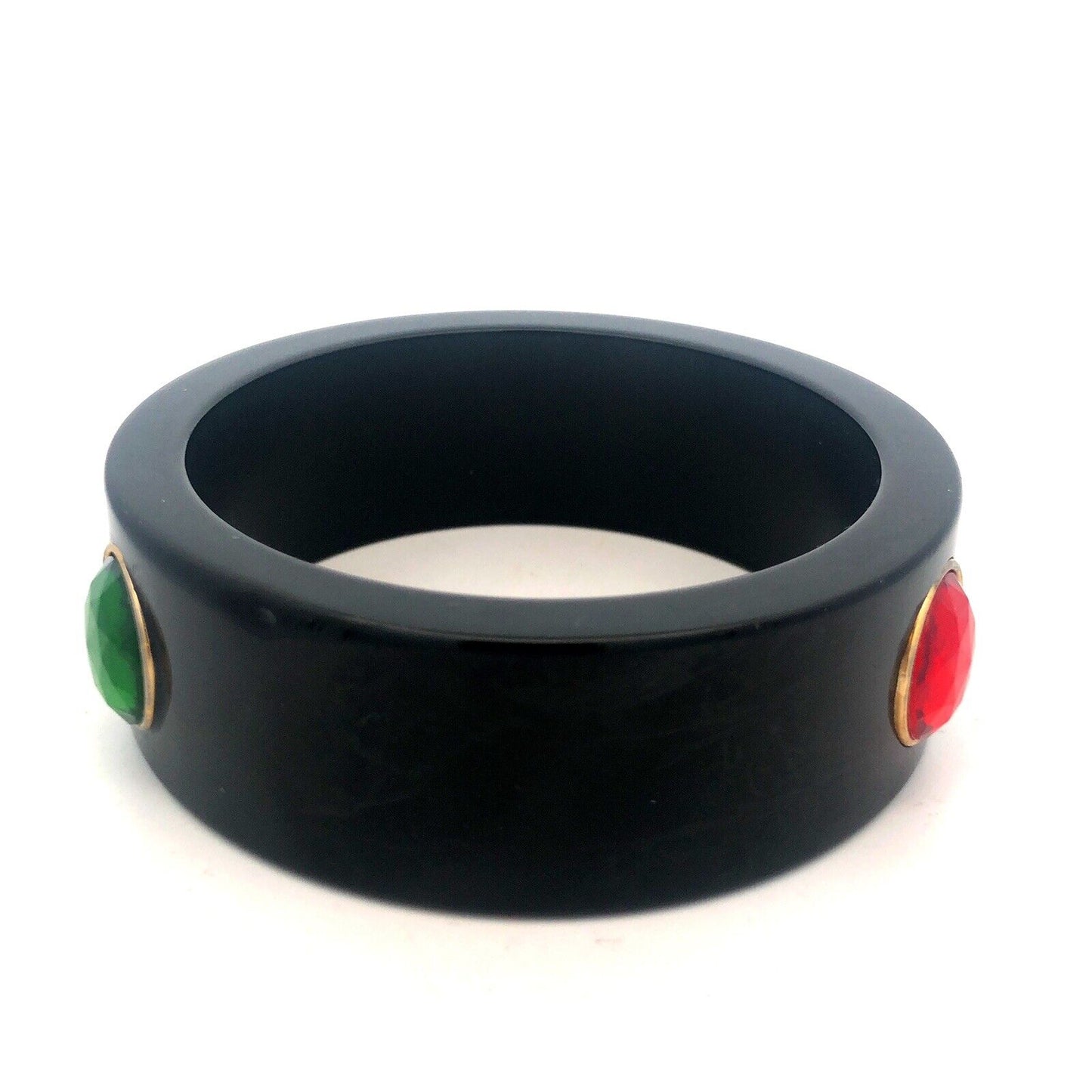 1980's Black Laquer Plastic Red White Green Jewelled Statement Bangle Bracelet