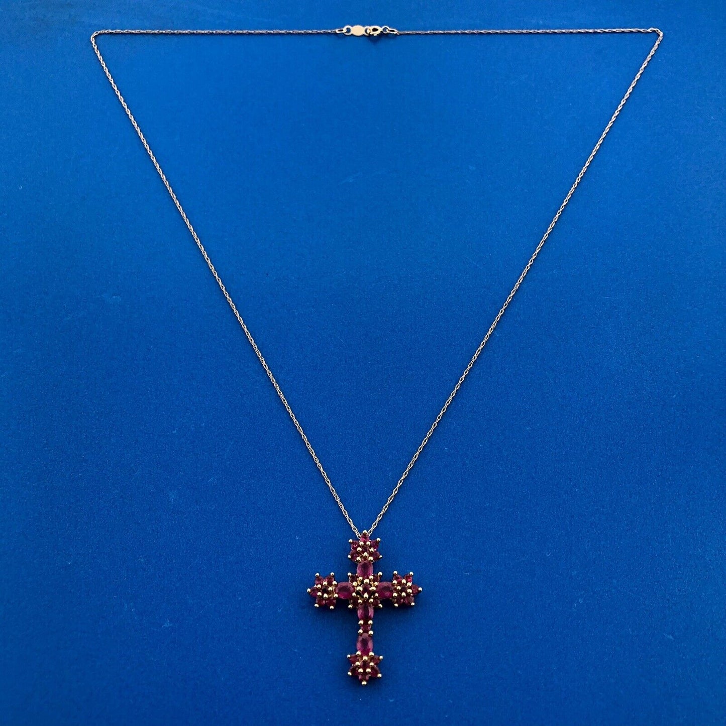 Designer 14k Yellow Gold Round Oval Cut Ruby Religious Cross Communion Necklace