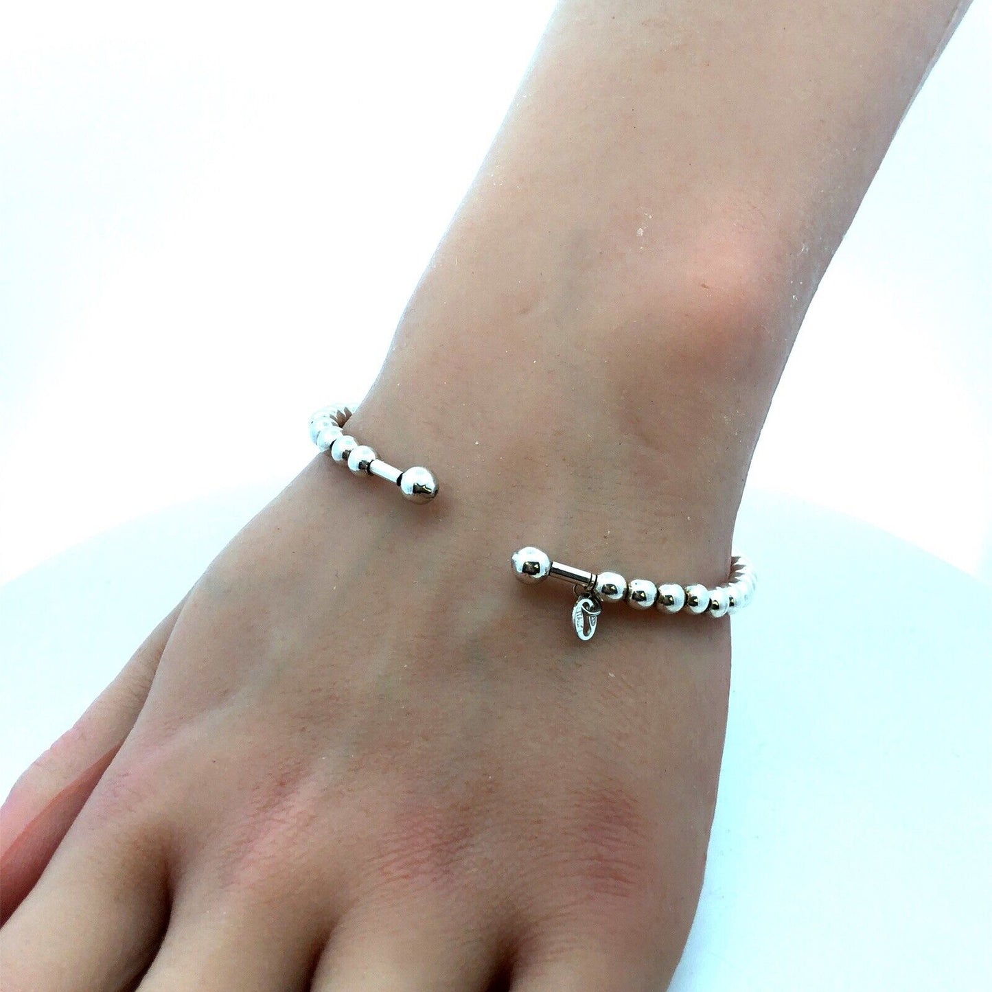 Estate Italy 925 Sterling Silver Beaded Stackable Oval Open Cuff Bracelet
