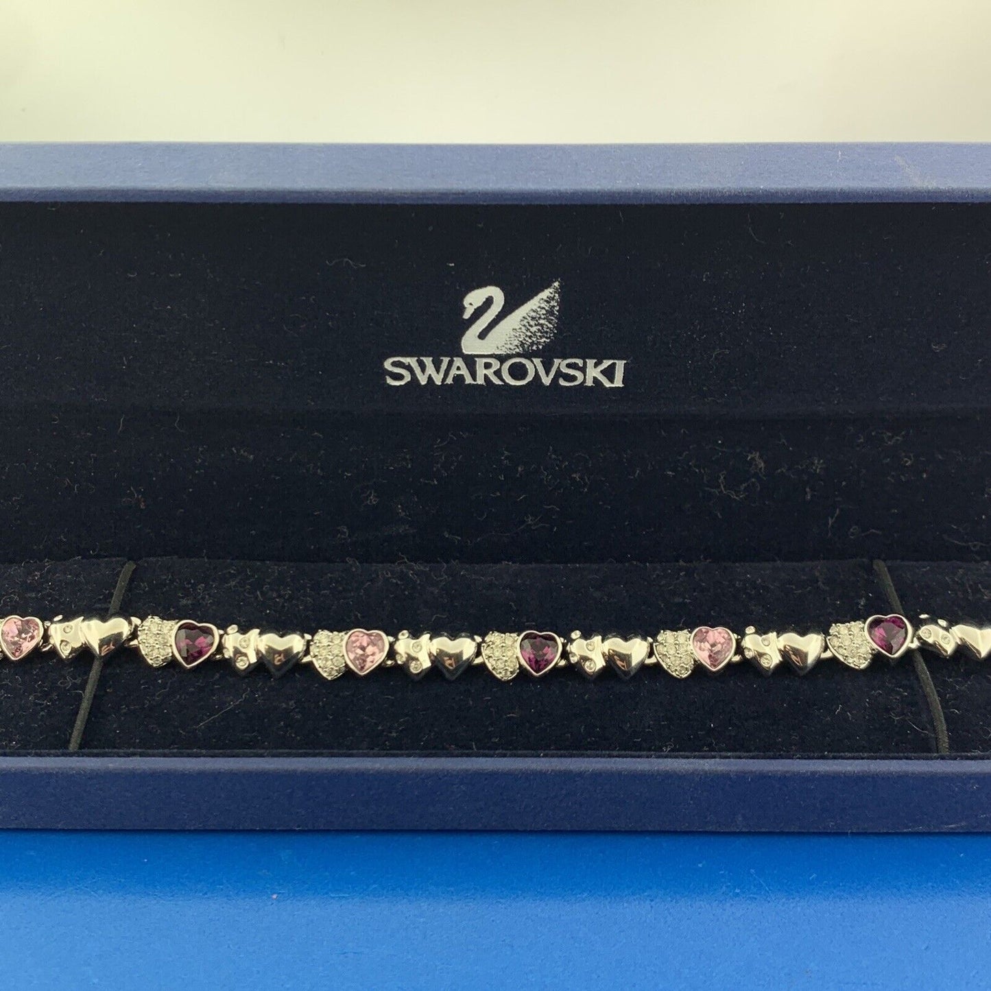 Swarovski Silver Toned Purple Pink Diamond Crystal Heart Station Tennis Bracelet