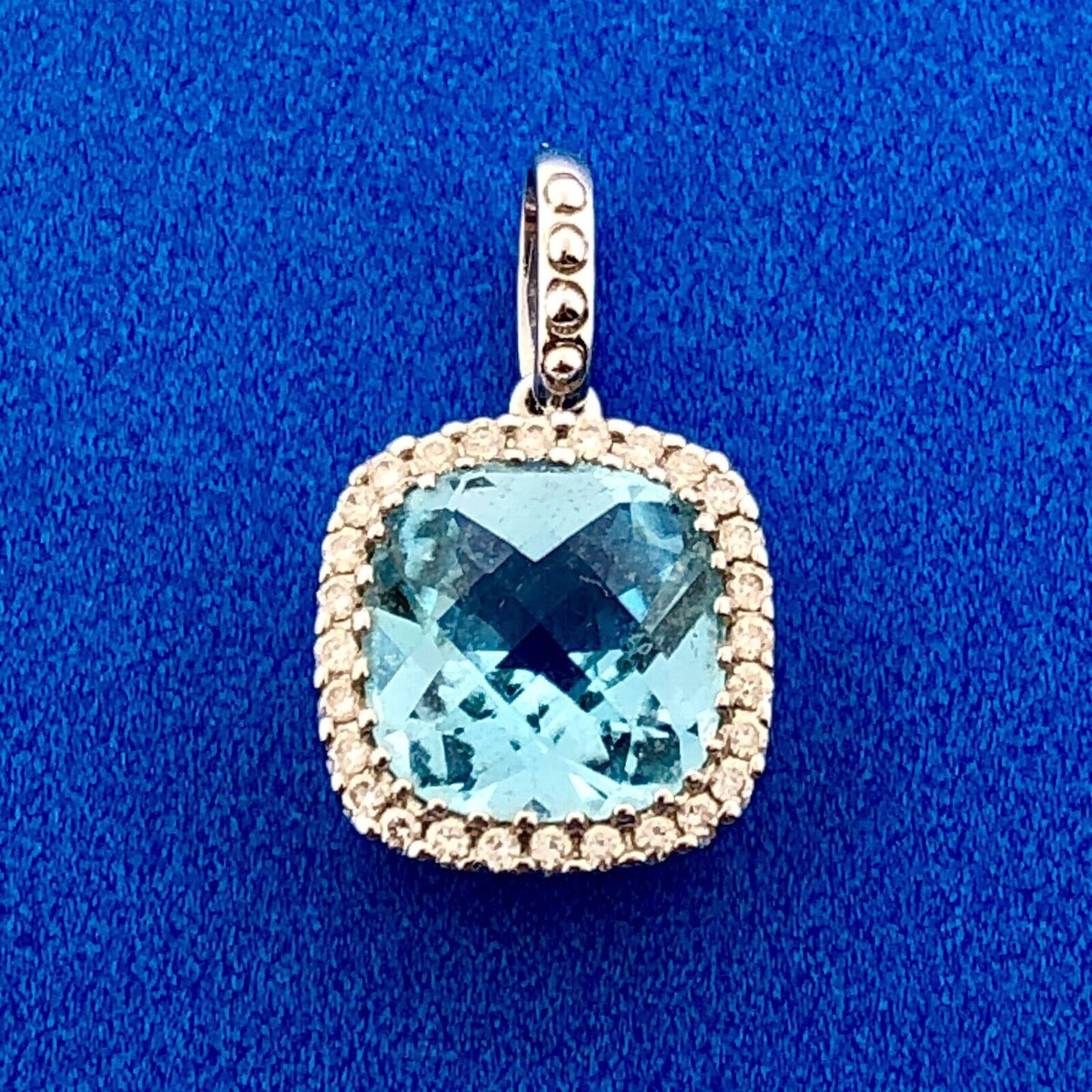 18K White Gold Cushion Cut Blue Topaz Diamond Halo October Anniversary Pendant
