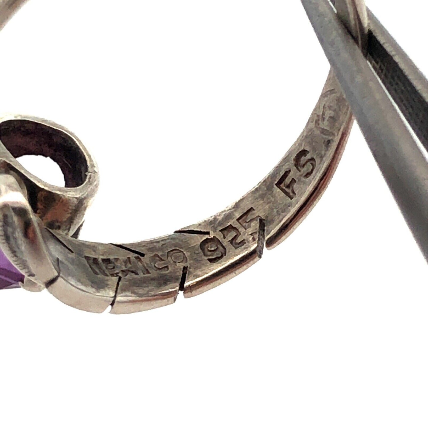 Vintage FS Mexico 925 Sterling Silver Round Purple Sapphire Feather Bypass Ring