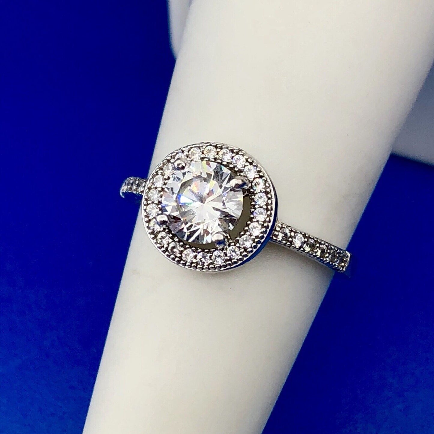Sterling Silver 925 Cubic Zirconia CZ Solitaire Halo Engagement Ring