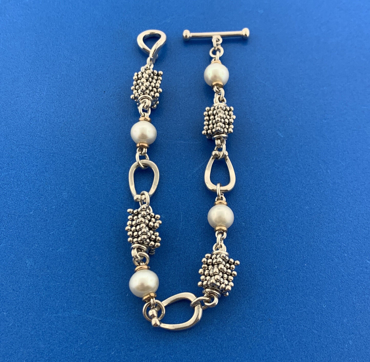 Michael Dawkins Sterling Silver 14K Yellow Gold Pearl Station Toggle Bracelet
