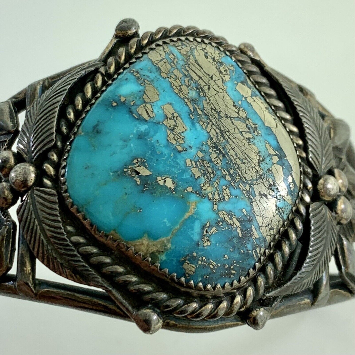 Signed Native American Sterling Silver Turquoise Statement Open Cuff Bracelet