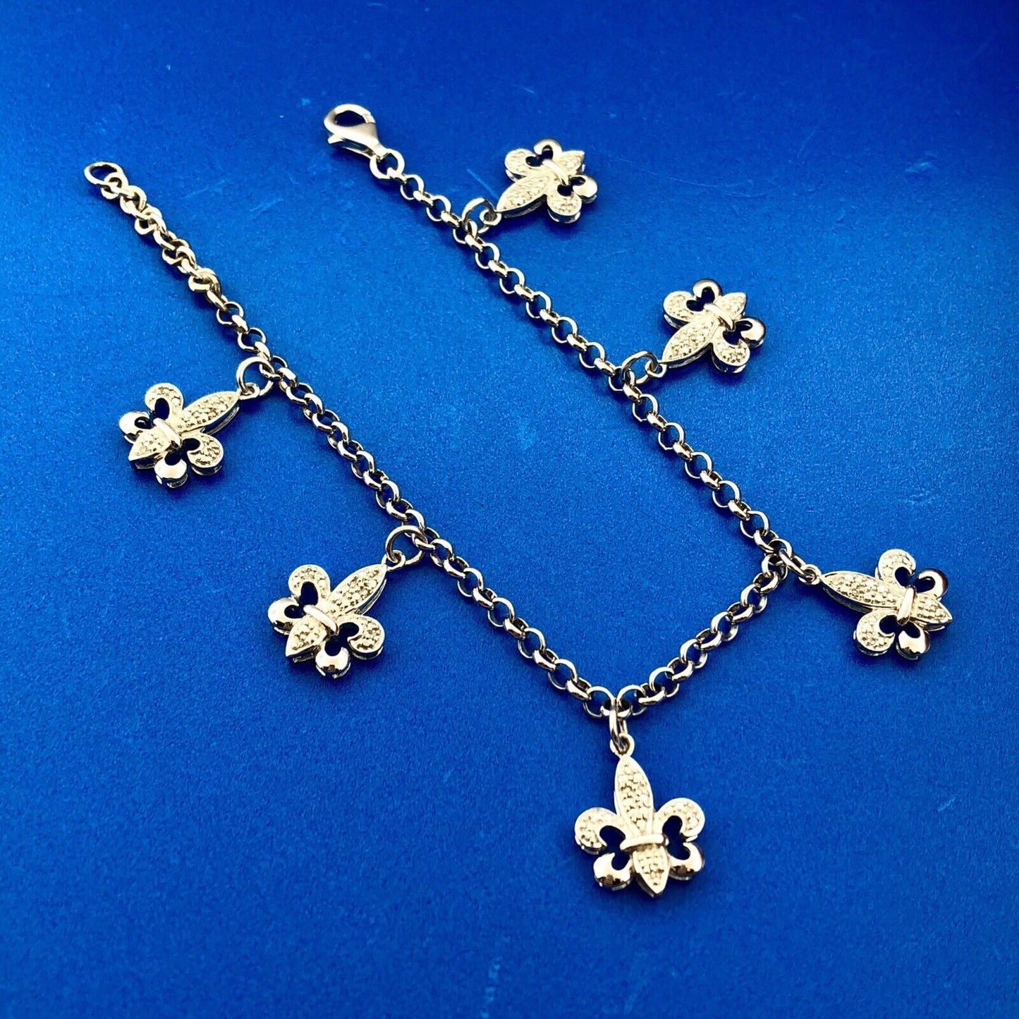 Designer Sterling Silver 925 Diamond Fleur De Lis Six Dangle Charm Bracelet