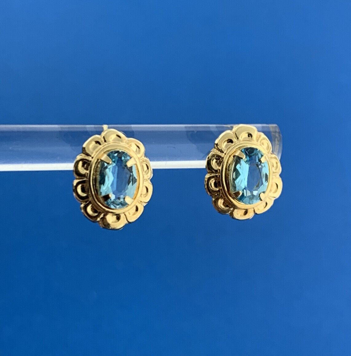 14K Yellow Gold Oval Blue Topaz December Floral Statement Stud Earrings