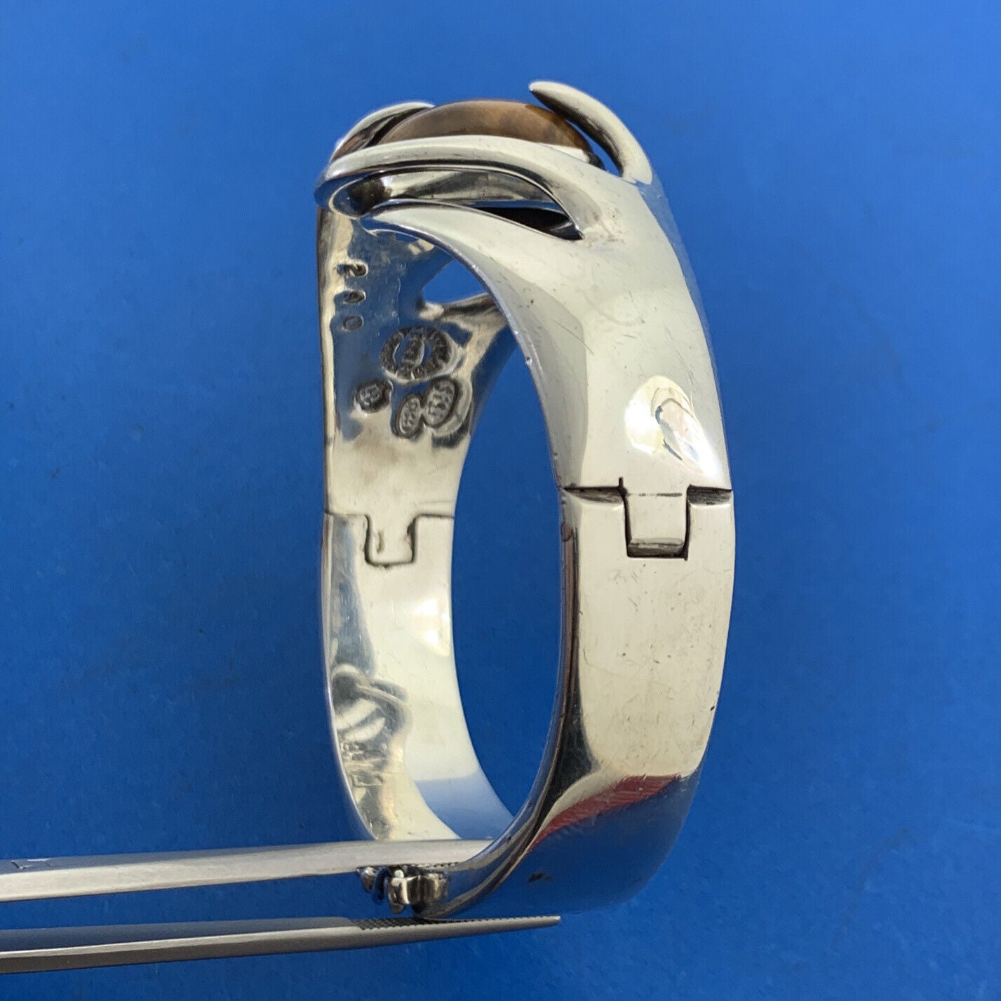 Sigfrido Pineda Taxco Modernist Sterling Silver Tigers Eye Hinged Cuff Bracelet
