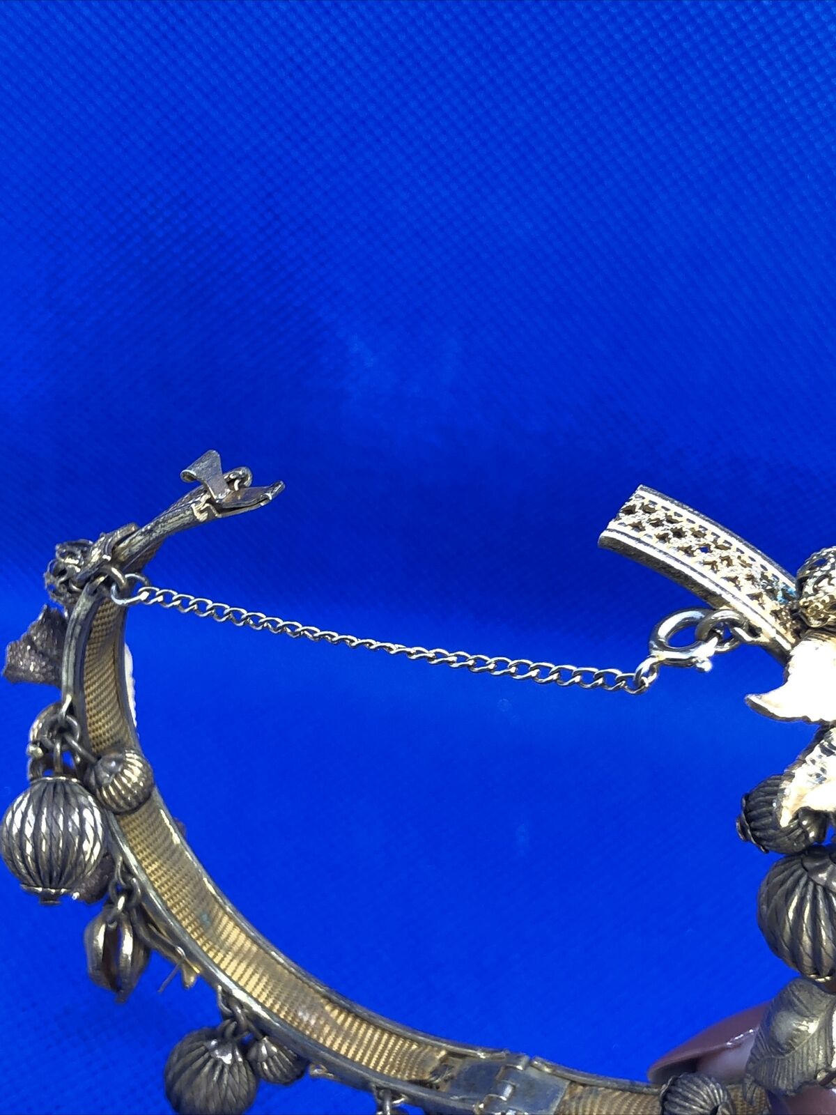 Art Nouveau Gold Tone Floral Theme Dangle Charm Hinged Cuff Bracelet