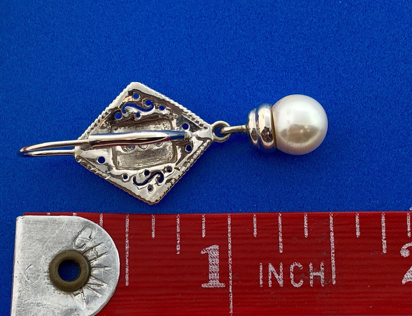 Art Deco 14K White Gold Pearl Diamond Filigree Drop Dangle French Hook Earrings
