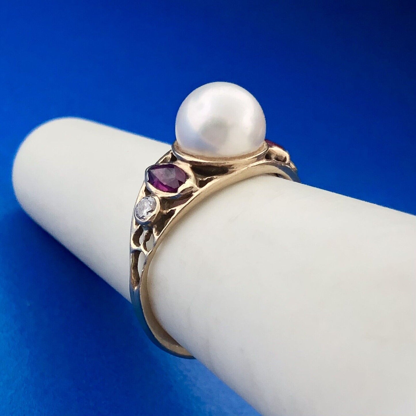Vintage 14K Yellow Gold Pearl Ruby Diamond Art Deco Style Cocktail Ring