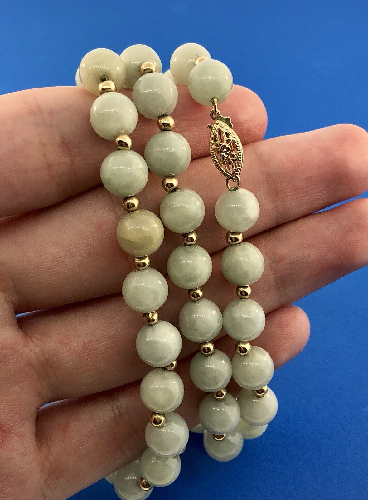 Designer 14K Yellow Gold Jade Jadeite Bead Ball Filigree Clasp Necklace