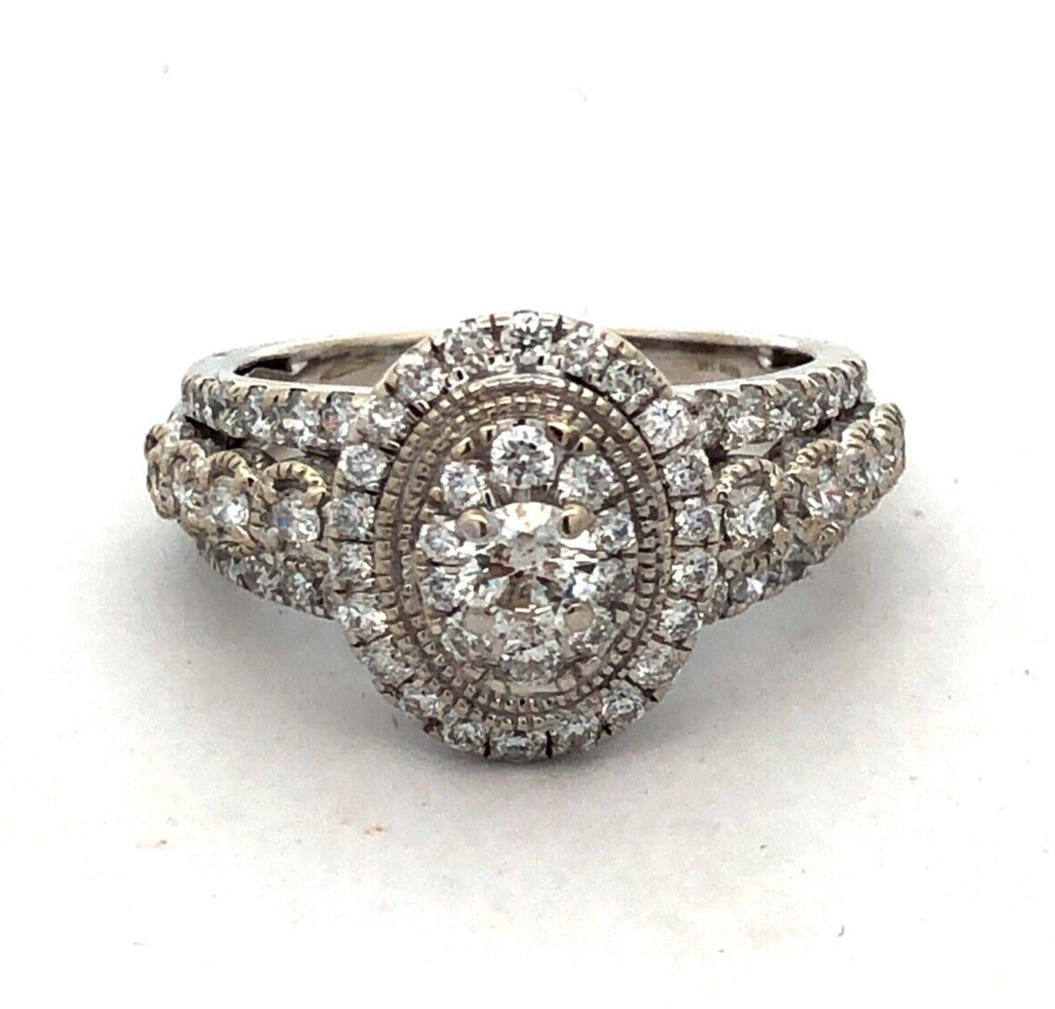 Designer GDM 14K White Gold Round Diamond Cluster Halo Oval Engagement Ring