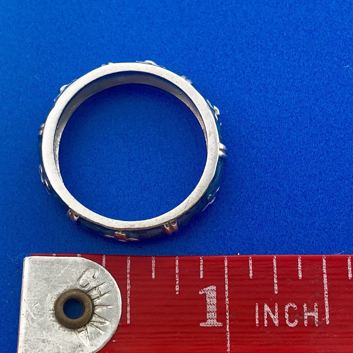 925 Sterling Silver Blue Enamel Fleur De Lis Cigar Band Ring