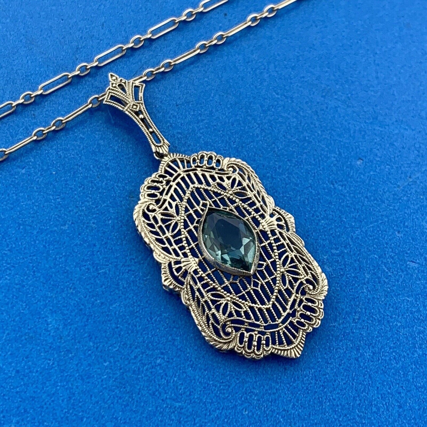 Art Deco 10K 14K White Gold Marquise Art Glass Open Filigree Statement Necklace
