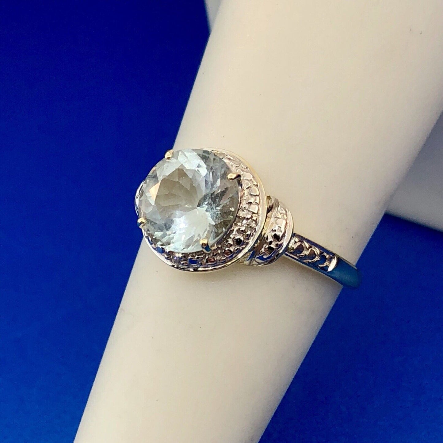Designer 10K Yellow White Gold Aquamarine Diamond Accent March Anniversary Ring