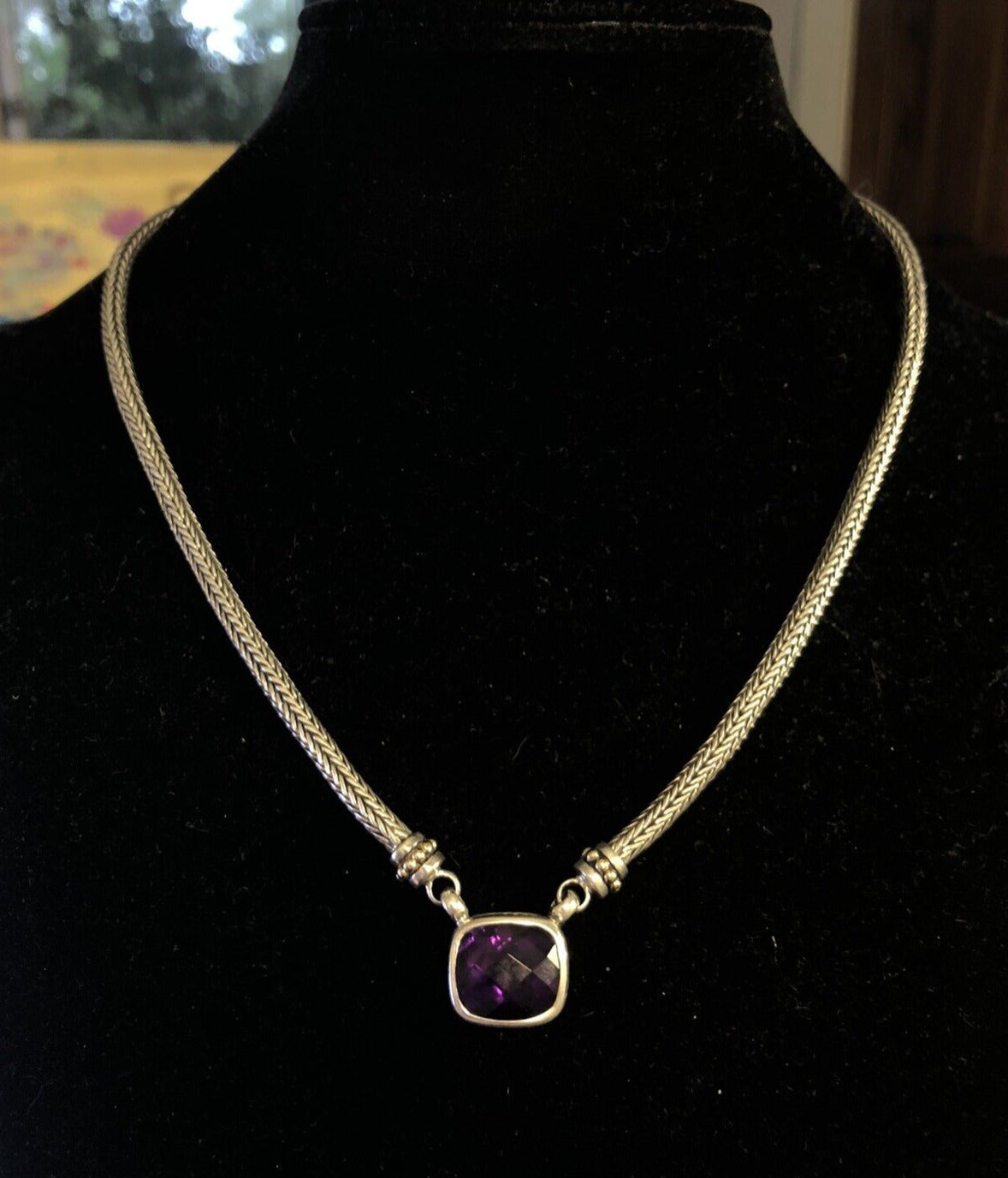 Samuel Benham BJC 925 Sterling Silver 18K Gold Cushion Amethyst Necklace