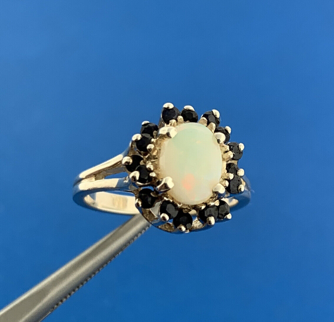 Designer 925 Sterling Silver Oval Opal Cabochon Blue Sapphire Halo Cocktail Ring