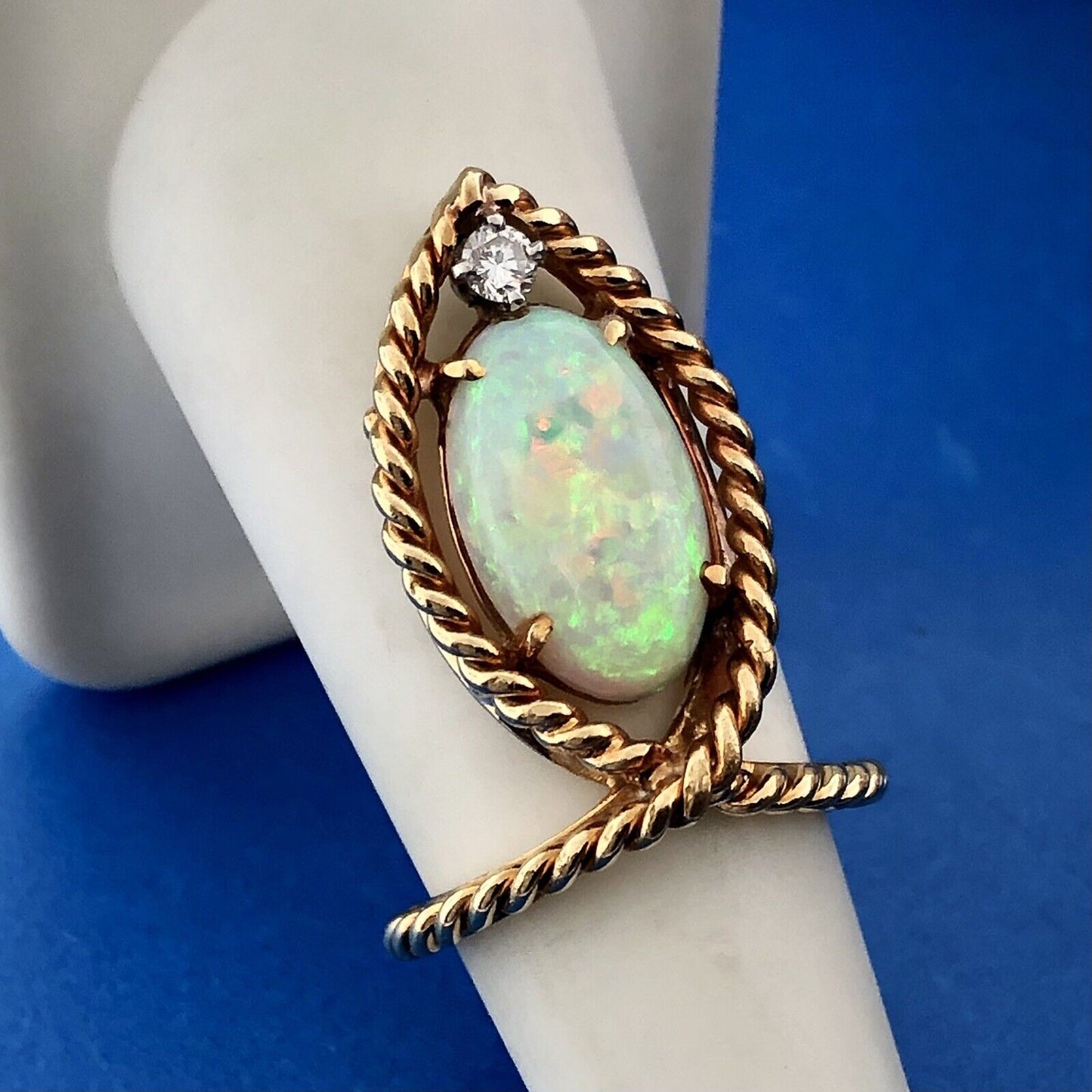 Custom Estate 18K Yellow Gold Oval Opal Diamond Accent Ichthys Statement Ring