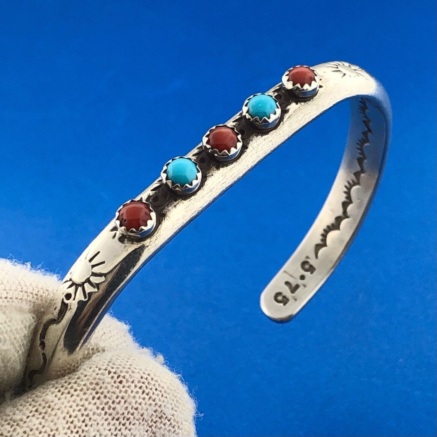 LAG-ZUNI JP Artisan Sterling Turquoise Coral Petite Storyteller Cuff Bracelet