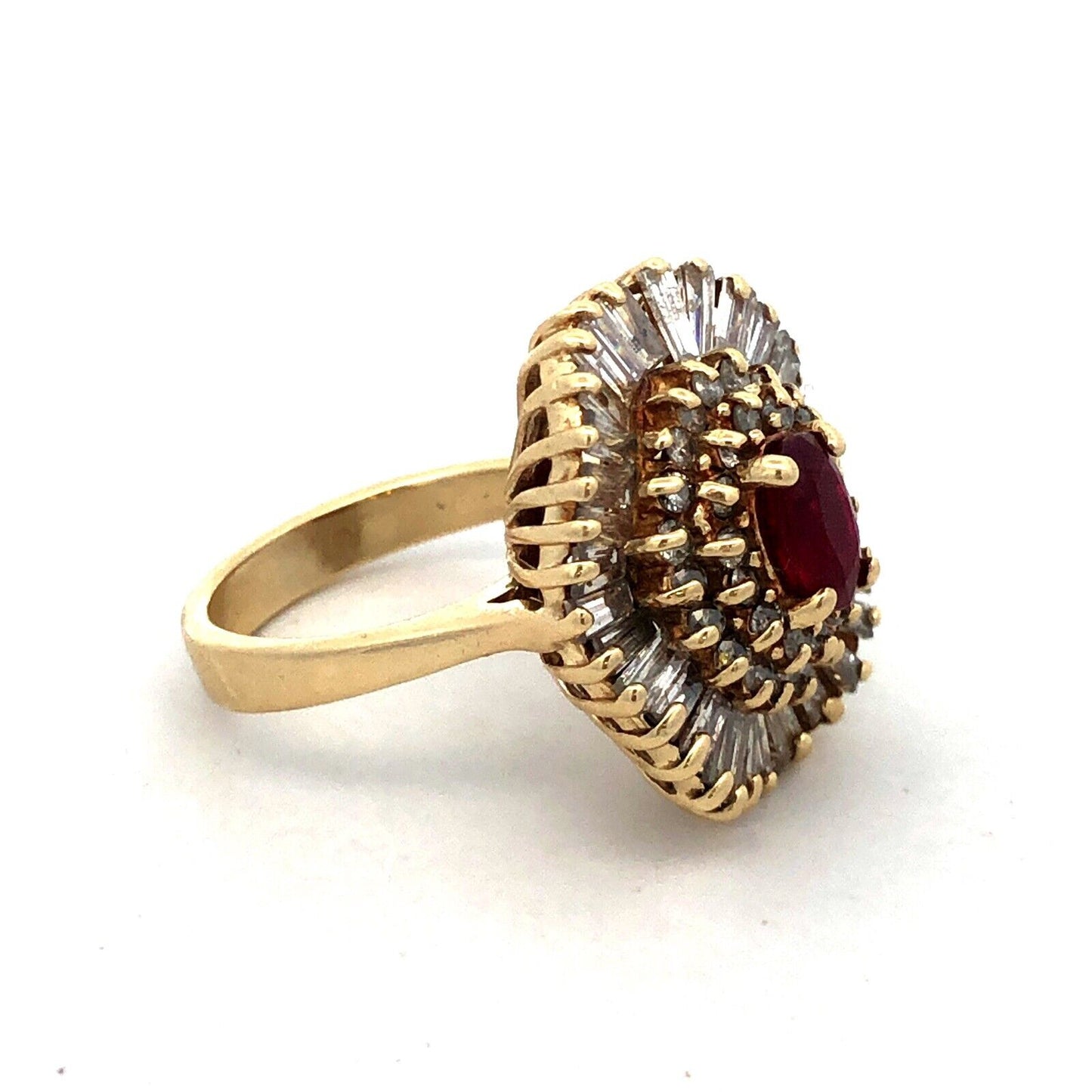 Estate 14K Yellow Gold Ruby Center Diamond Halo July Anniversary Statement Ring