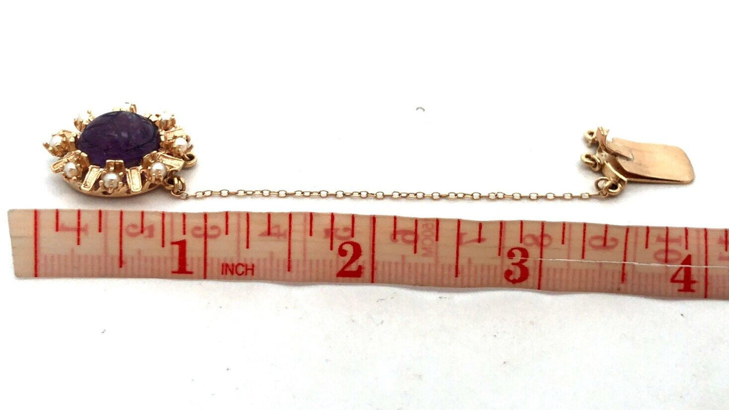 Estate 14K Yellow Gold Oval Carved Amethyst Scarab Pearl Slide Bracelet Clasp