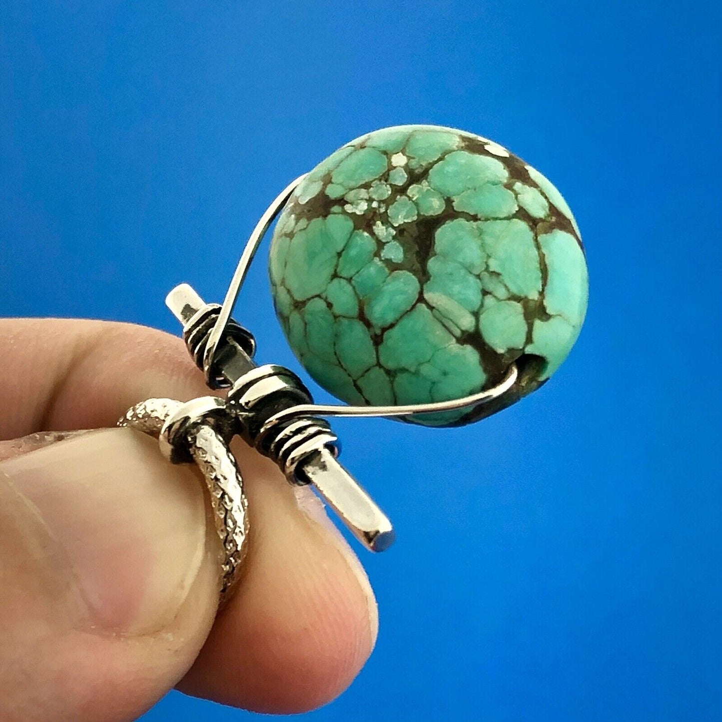Vintage Artisan 925 Sterling Silver Oval Turquoise Bead Link Chain Necklace