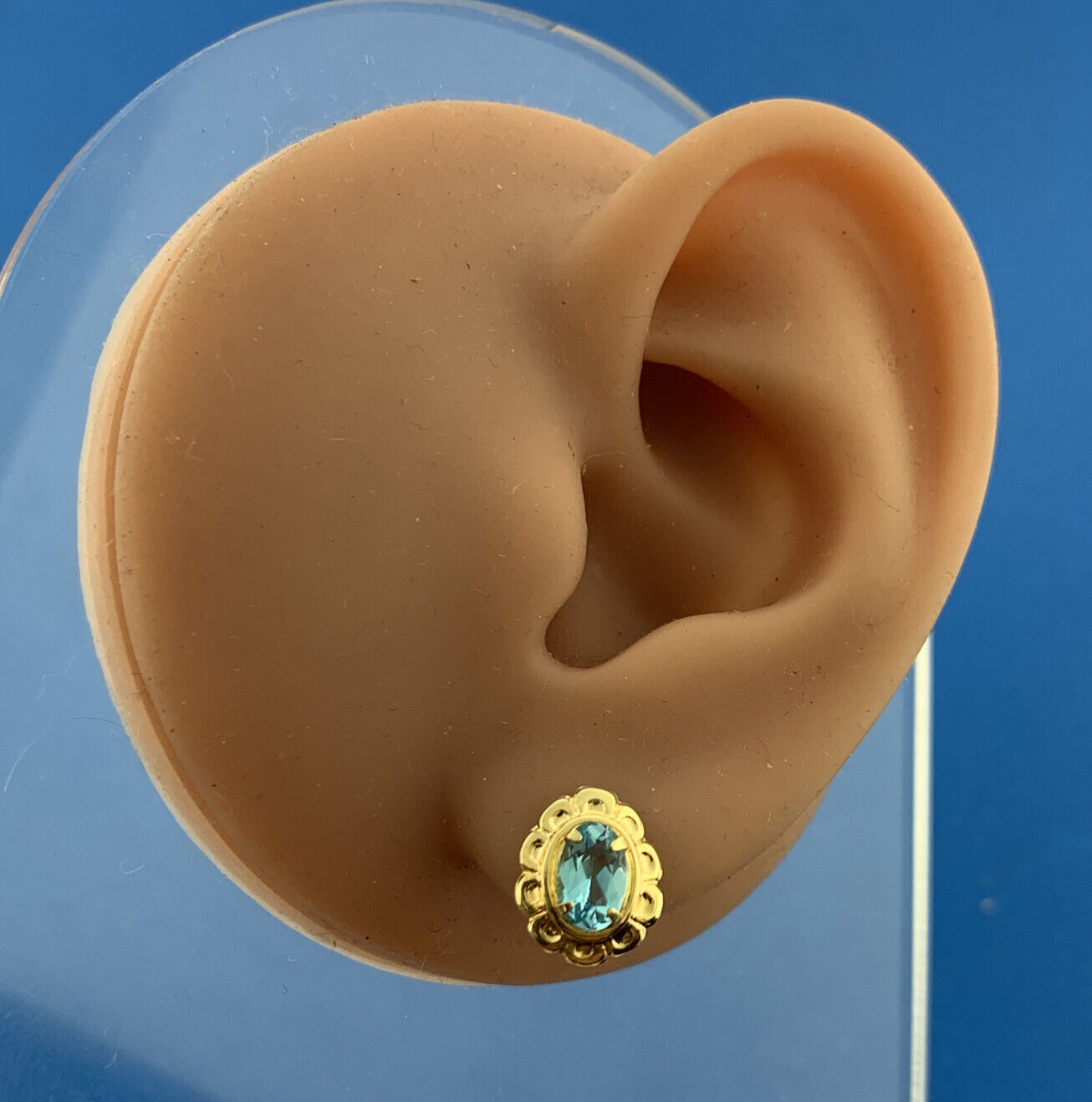 14K Yellow Gold Oval Blue Topaz December Floral Statement Stud Earrings