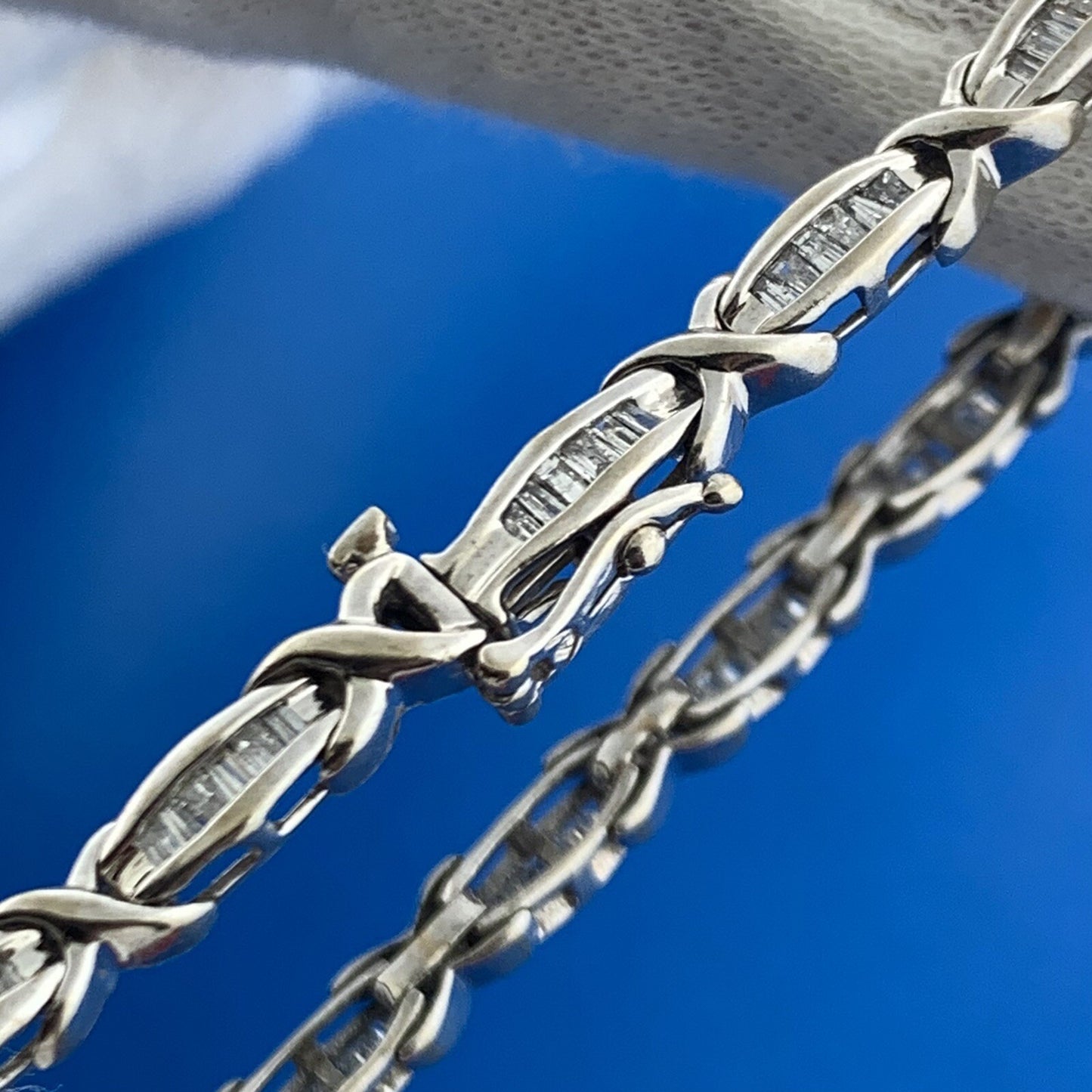 Designer 10K White Gold Channel Set Diamond X O Tennis Bracelet