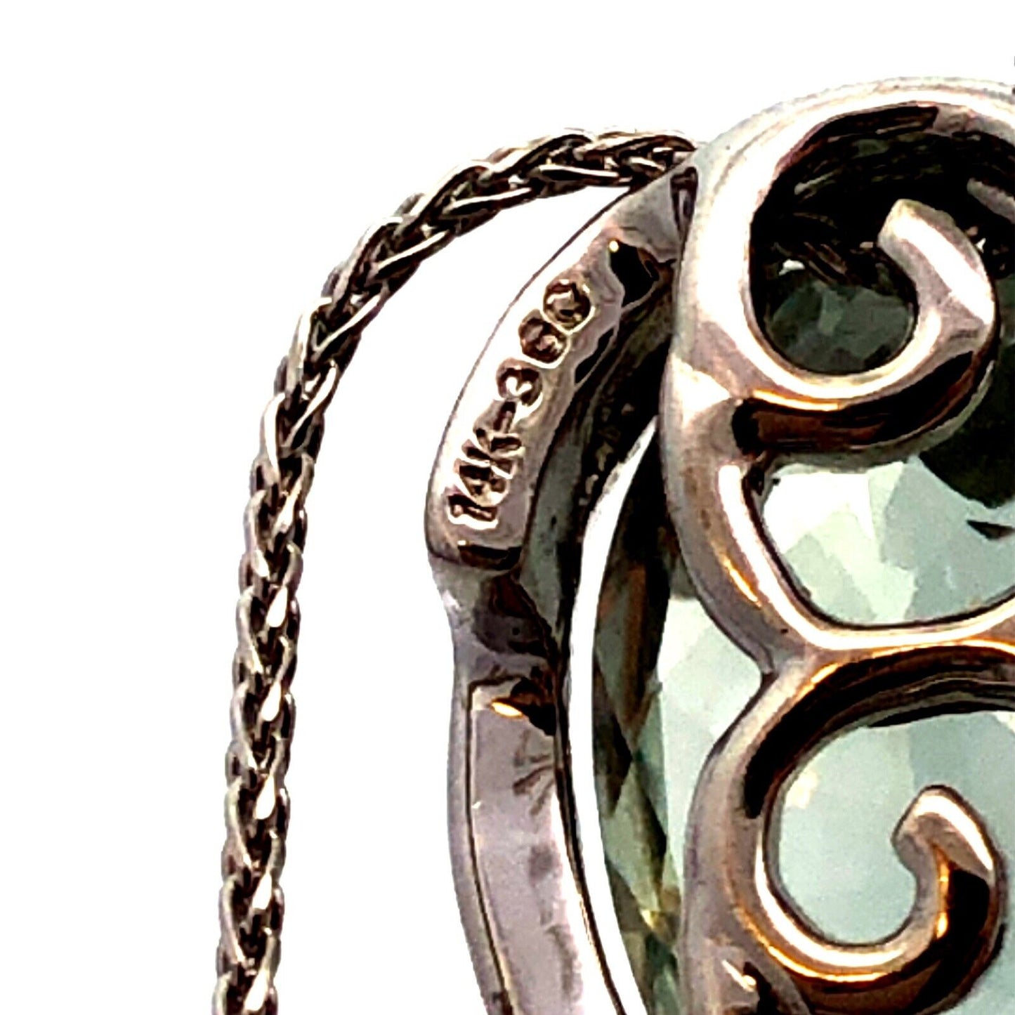 Designer SG 14K White Gold Oval Green Amethyst Diamond Swirl Pendant Necklace