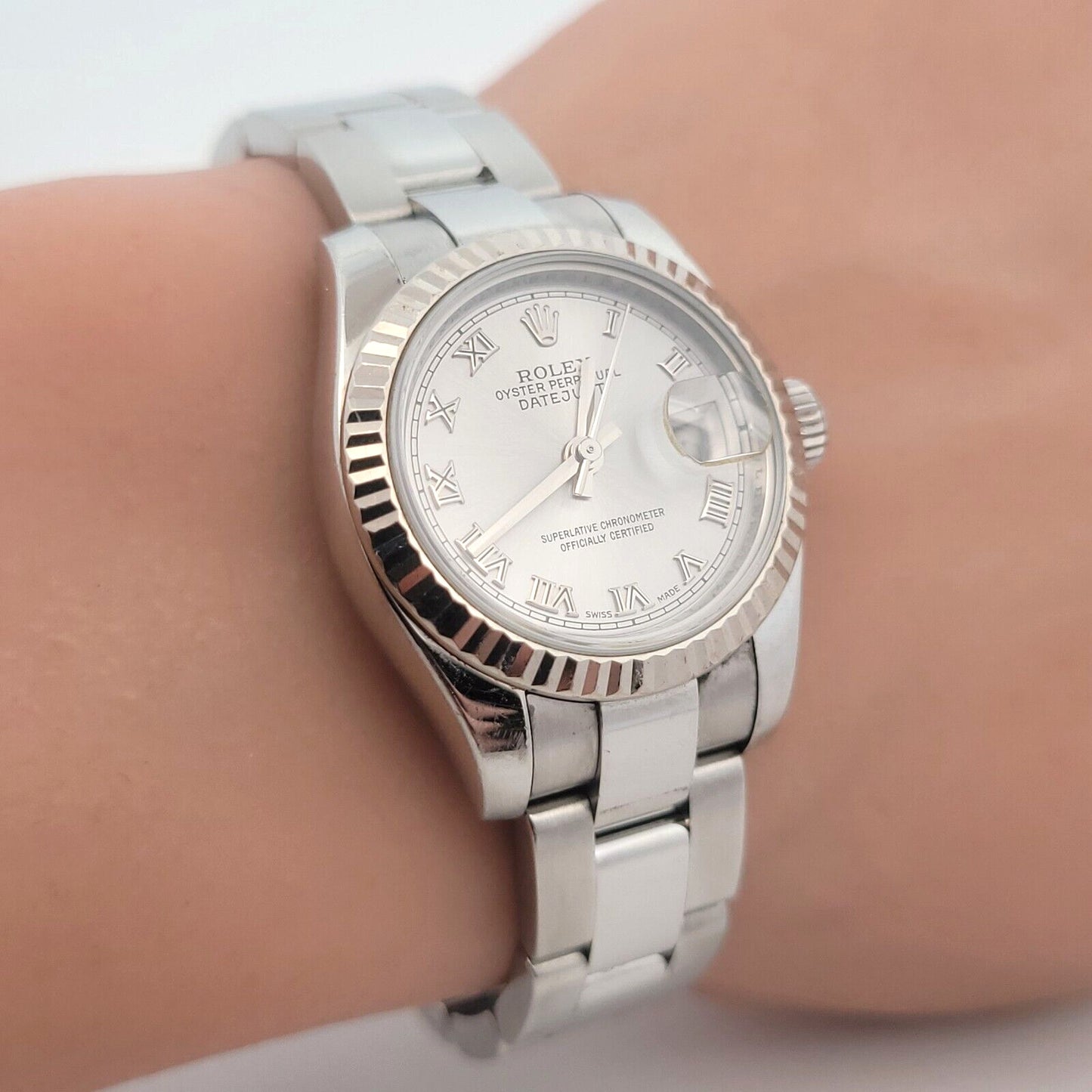 Ladies Rolex Oyster Perpetual Datejust Stainless Rhodium Roman Dial - 179174