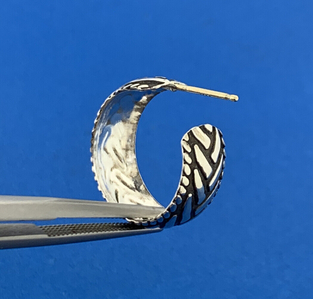 Estate Sterling Silver 925 14K Yellow Gold Weave Bead Design 5/8" Hoop Earrings