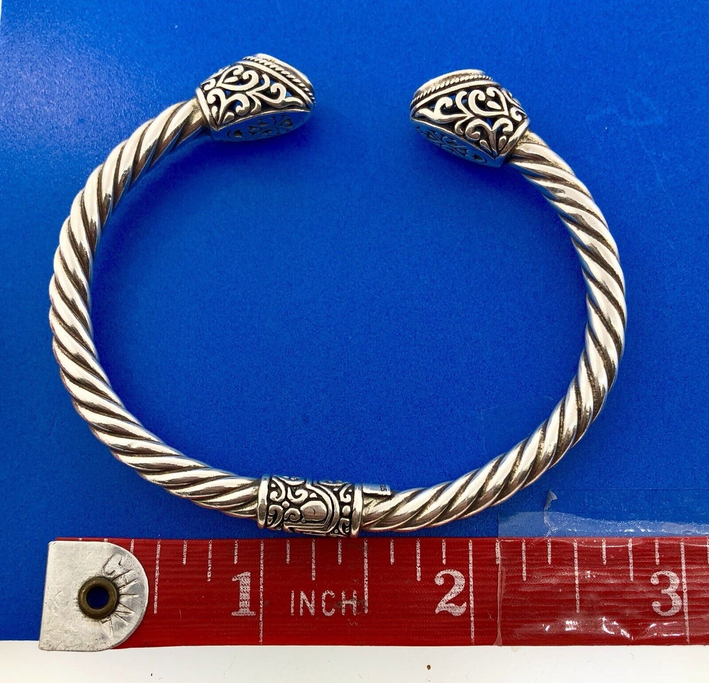 Designer ATI Sterling Silver Blue Topaz Heart Scroll Cable Hinged Cuff Bracelet