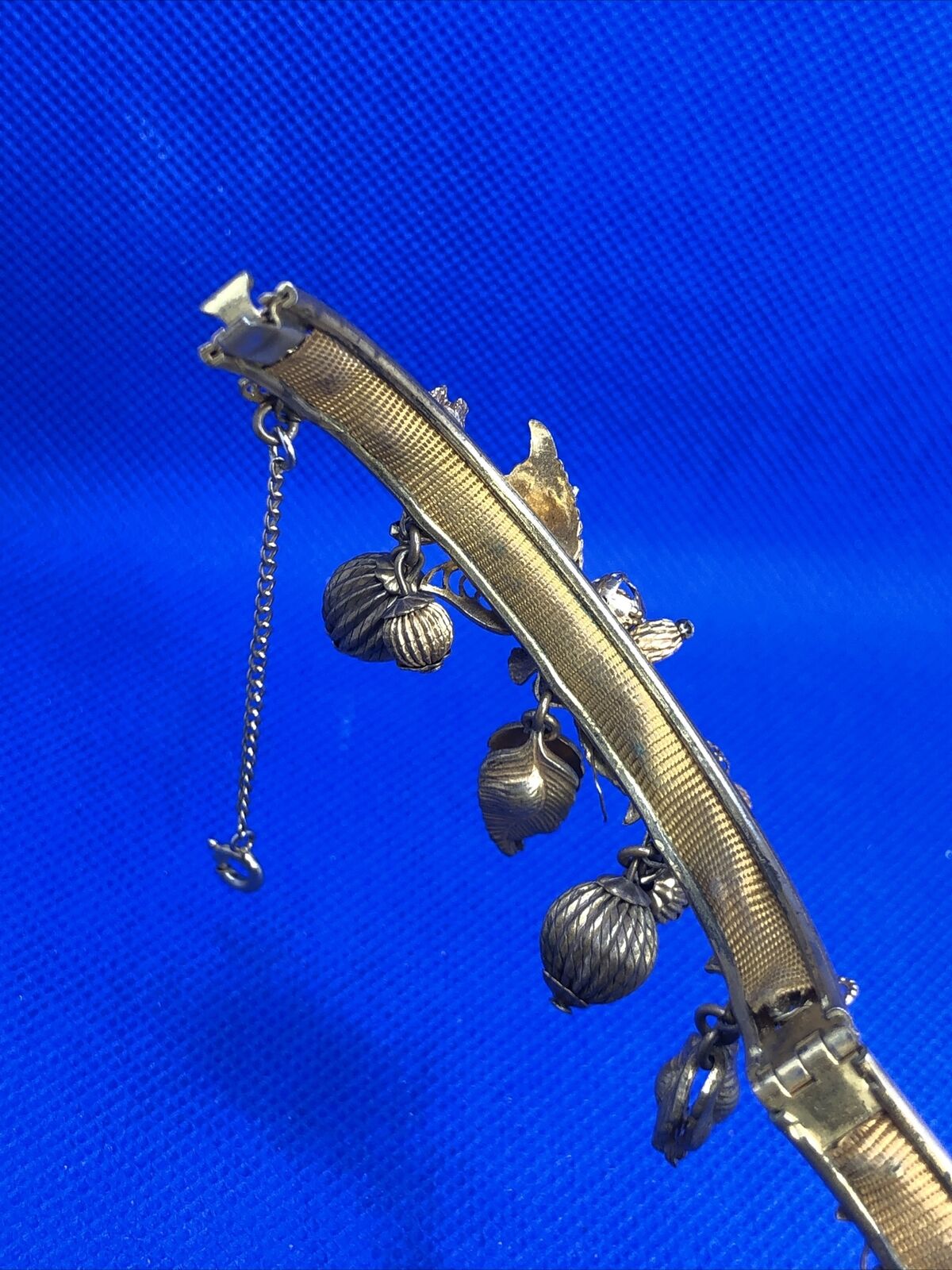 Art Nouveau Gold Tone Floral Theme Dangle Charm Hinged Cuff Bracelet