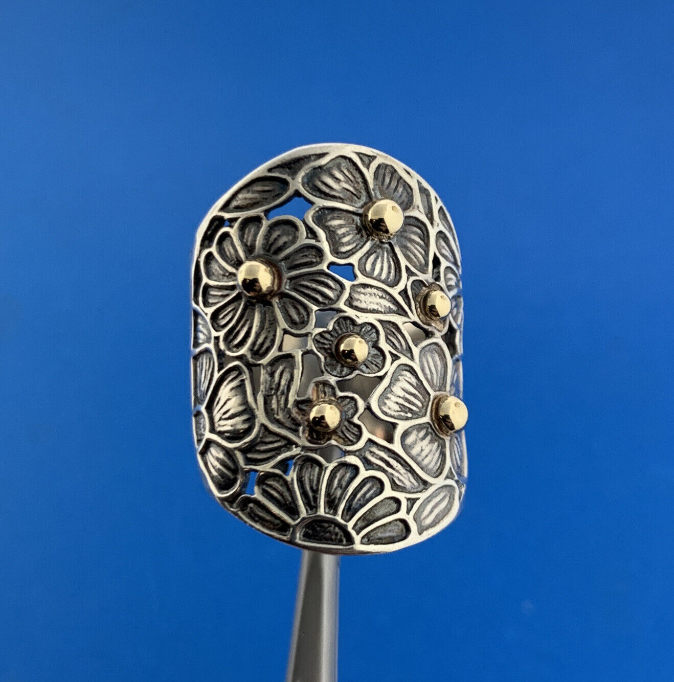 Noy Li Israel 14K Gold Sterling Silver 925 Floral Bead Motif Modernist Ring