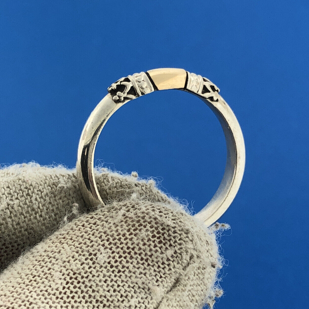 Estate Sterling Silver 925 14K Yellow Gold Filigree Wedding Stackable Band Ring