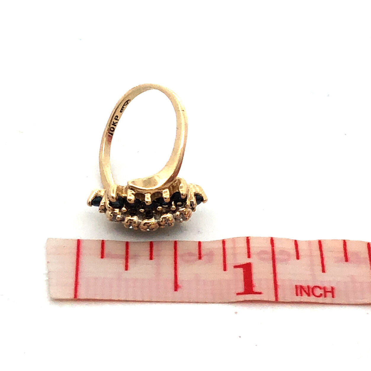 Designer WW 10K Yellow Gold Round Sapphire Diamond Oval Bypass Cluster Ring