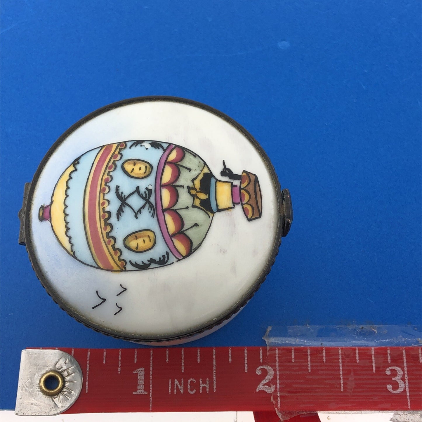 Vintage Limoges Hand Painted Porcelain Hot Air Balloon Round Hinged Trinket Box