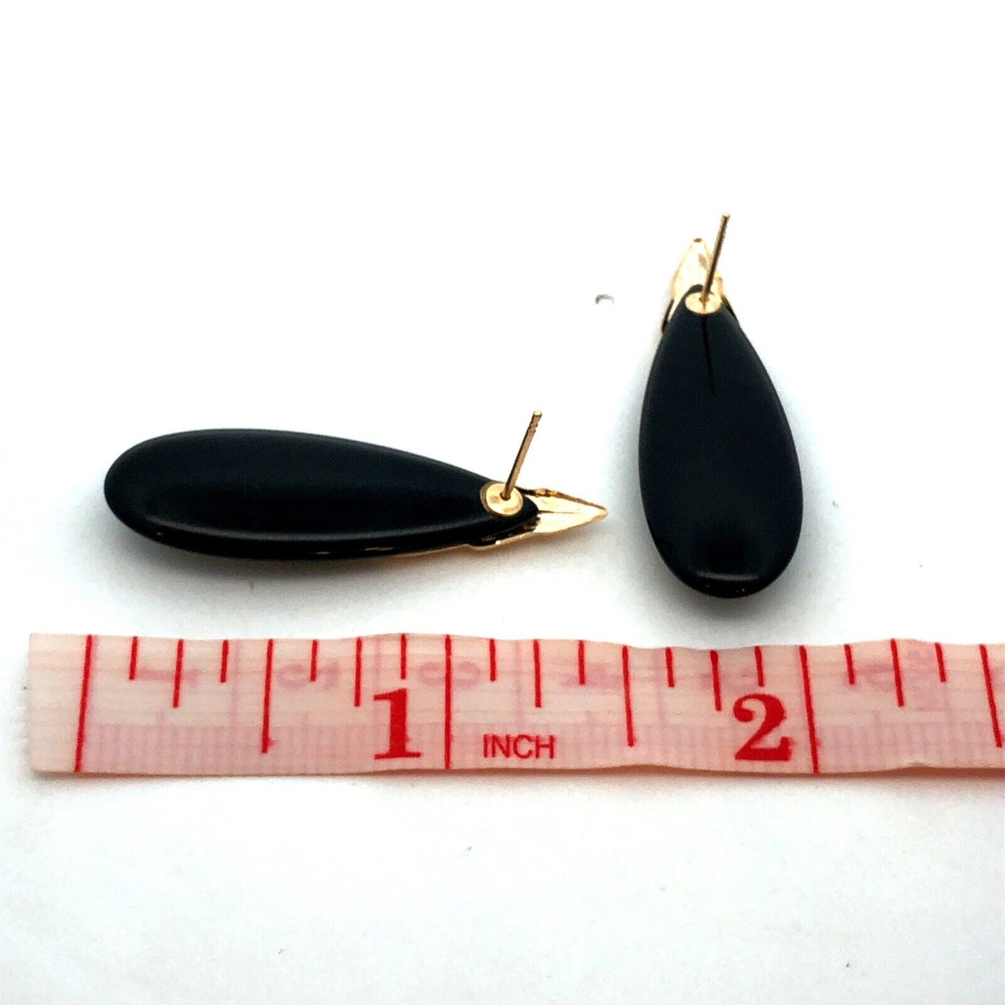 Vintage 14K Yellow Gold Teardrop Black Onyx Textured Drop Dangle Stud Earrings