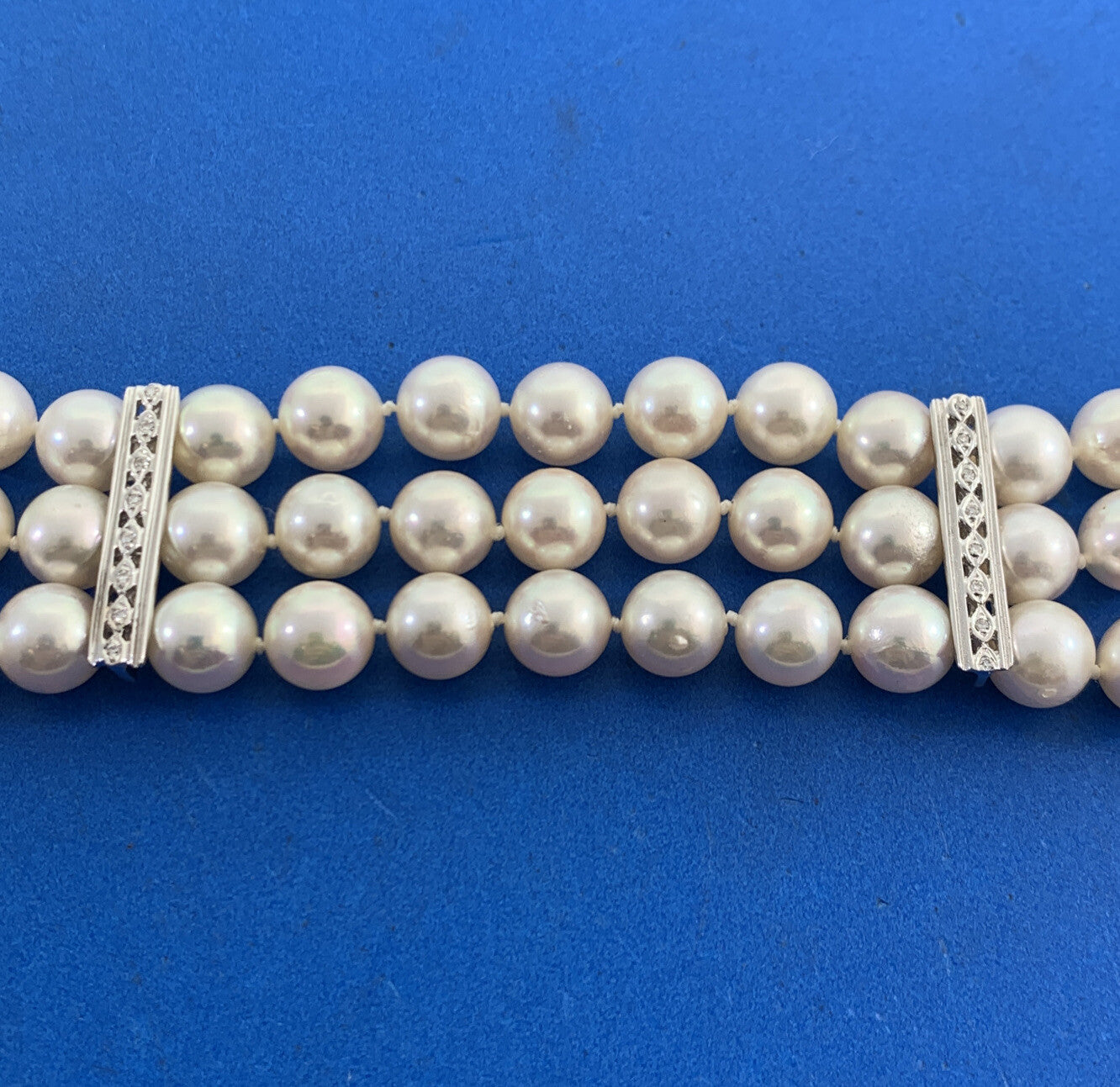 Designer 14K White Gold Pearl Diamond Three Strand Statement Wide Bracelet