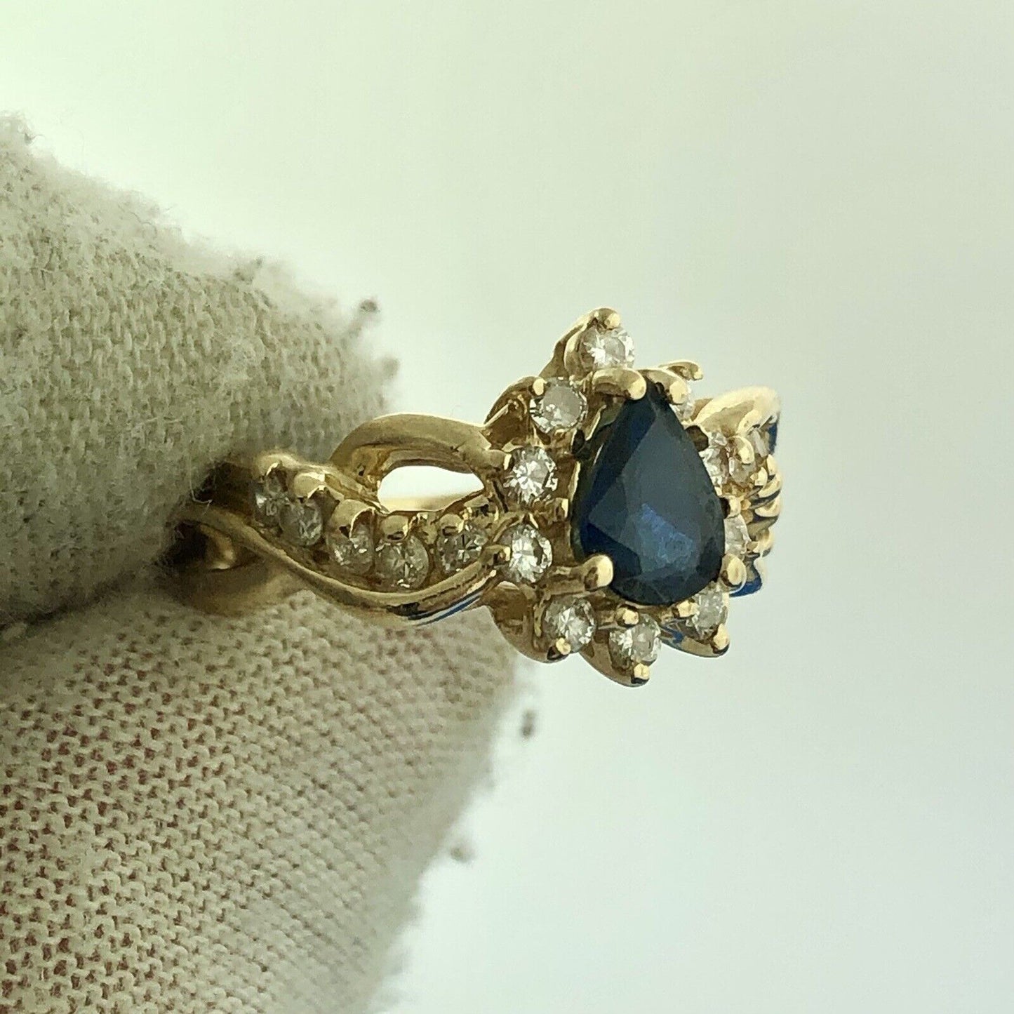 Retro Designer 14K Yellow Gold Sapphire Pear Diamond Halo Accented Cocktail Ring